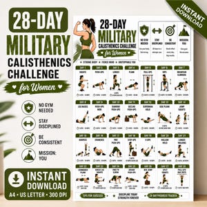 Pode incluir: Um gráfico de desafio de calistenia militar de 28 dias com rotinas de exercícios diários e ilustrações de uma pessoa realizando movimentos como agachamentos, flexões e afundos. Inclui cabeçalhos de texto, ícones e um rastreador.