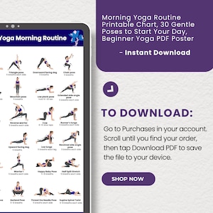 Close-up of a tablet screen showing the digital download PDF of the morning yoga routine chart. Purple background section includes instructions on how to download the file from an Etsy account.