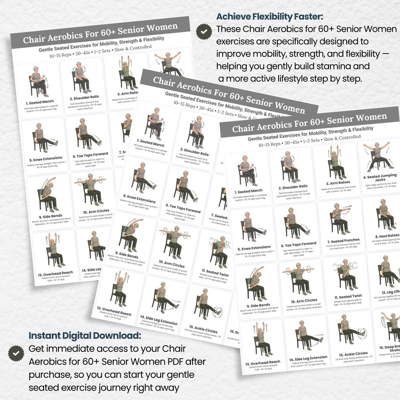 Chair Aerobics for 60+ Senior Women PDF Digital Download — Instant Access Printable Seated Exercise Chart — Gentle Low Impact Workout Plan for Elderly Women — Mobility Strength Flexibility Guide
