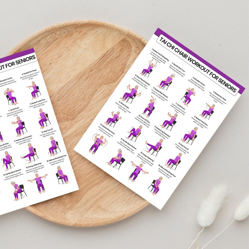 Tai Chi Chair Workout for Seniors Printable Sheet – Flat Lay Lifestyle Photo, 16 Gentle Seated Exercises on A4 Print, Instant Download PDF
