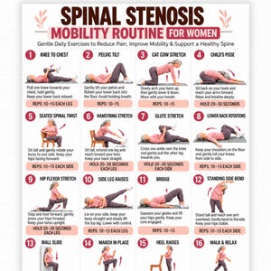 May include: A white informational chart titled Spinal Stenosis Mobility Routine featuring sixteen numbered illustrations of exercises with text instructions, including knee to chest, pelvic tilt, cat cow, and bridge stretches.