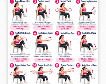 Chair Exercises for Belly Fat for Beginners | 16 Seated Core Workout Plan for Weight Loss | Printable Low Impact No Equipment Poster PDF