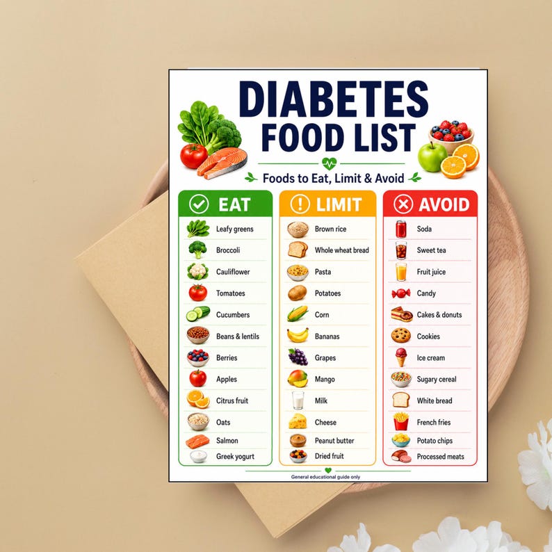 Printable Diabetes Food List styled with a kraft envelope, blood-sugar-friendly Eat Limit Avoid diabetic food chart, healthy diet gift idea for type 2 diabetes.