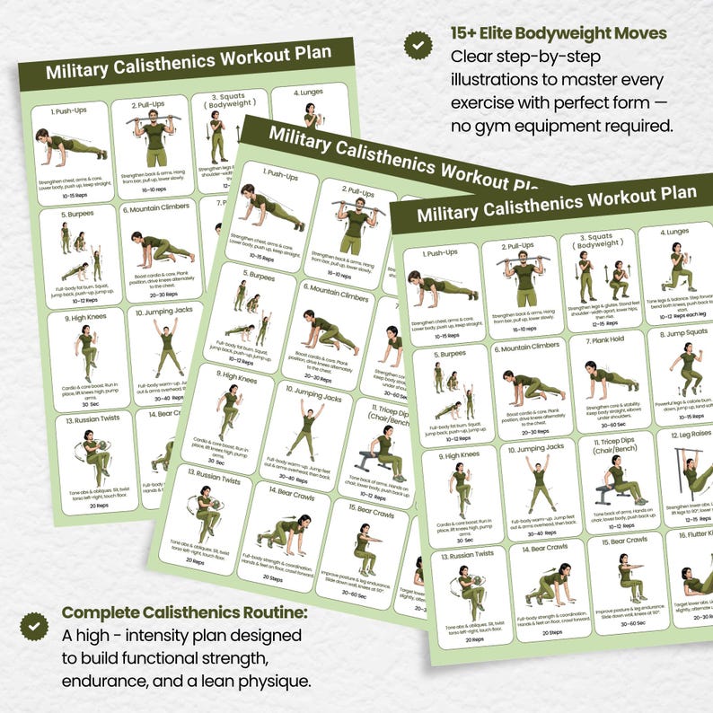 Printable Military Calisthenics Workout Plan for Women, Full Body ...