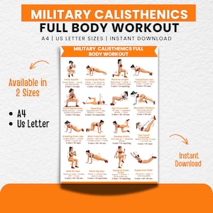 May include: A fitness poster detailing a military calisthenics full-body workout, featuring exercises like jump squats and plank hip dips. Available in A4 and US Letter sizes as an instant download, with exercise instructions.