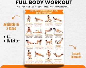 Printable Military Calisthenics Workout Plan, Full Body Bodyweight Training Chart Poster, Bootcamp Style No Equipment Home Workout PDF