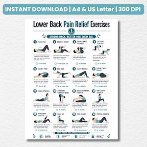 Ejercicios para aliviar el dolor lumbar / Estiramientos y ejercicios de movilidad para la espalda / Guía imprimible para aliviar la ciática / Tabla para aliviar el dolor lumbar / Descarga digital