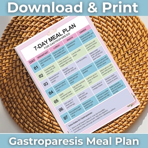 Puede incluir: Un plan de comidas de 7 días para la gastroparesia, con un diseño rosa y blanco. El plan incluye opciones para el desayuno, el almuerzo, los refrigerios y la cena, con texto como "Creamy rice cereal" y "Baked cod".