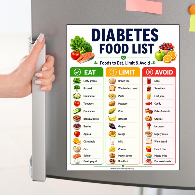 Diabetes Food List on a fridge, handy Eat Limit Avoid diabetic diet chart for quick daily reference while cooking and meal planning at home.