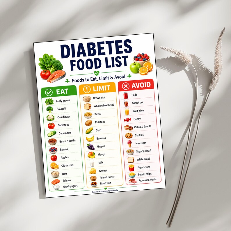 Diabetes Food List printable chart with Eat Limit Avoid columns of foods for blood sugar control, low glycemic diabetic diet guide for type 2 diabetes.