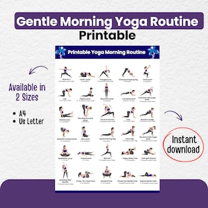Printable Gentle Morning Yoga Routine chart showing 30 beginner-friendly yoga poses with instructions. Text highlights "Available in 2 Sizes: A4 & US Letter" and "Instant download" with a red circle.