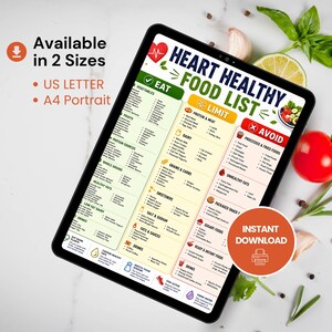 Heart healthy food list digital printable shown on tablet with available sizes, US Letter and A4 portrait, instant download nutrition chart.