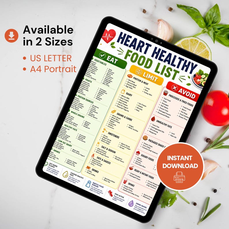 Heart healthy food list digital printable shown on tablet with available sizes, US Letter and A4 portrait, instant download nutrition chart.