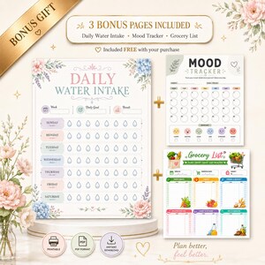 3 free bonus pages included with the Diabetes Food List: daily water intake tracker, monthly mood tracker and categorized grocery list, printable PDF instant download.