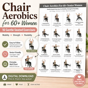 Chair Aerobics for 60+ Senior Women Printable Wall Chart — 16 Gentle Seated Exercises for Mobility Strength and Flexibility — Easy to Follow Illustrated Workout Poster — Digital Download