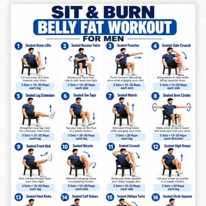 May include: A digital workout chart titled SIT & BURN BELLY FAT WORKOUT FOR MEN featuring sixteen numbered illustrations of a person performing seated exercises on a chair, including instructions and repetition counts for each movement.