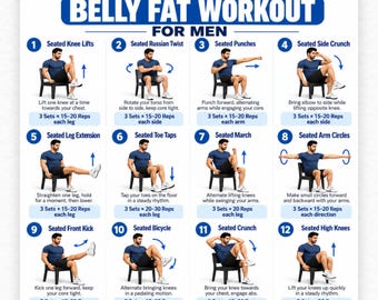Men's Chair Workout for Weight Loss PDF, 16 Seated Chair Exercises, Low Impact Cardio Workout Chart, Beginner Home Fitness Routine Guide