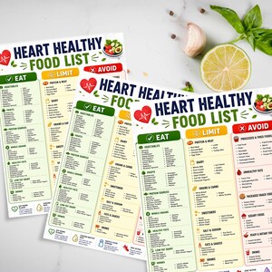 Heart healthy food list printable pages displayed on a clean kitchen surface with fresh herbs, lemon and healthy food styling.