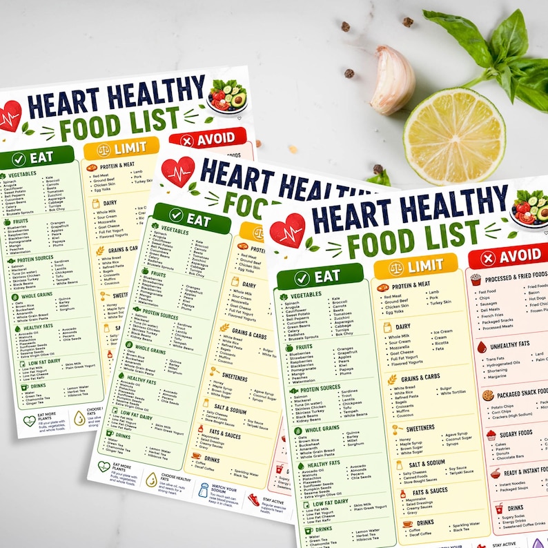 Heart healthy food list printable pages displayed on a clean kitchen surface with fresh herbs, lemon and healthy food styling.