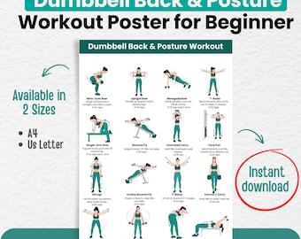 Pôster de treino com halteres para costas e postura, tabela de exercícios para a parte superior das costas para ombros curvados, PDF imprimível para treinamento de força em casa.