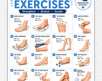 Exercícios de Terapia para os Pés em PDF para Imprimir | 16 Exercícios para Alívio da Dor nos Pés | Tabela de Alongamentos para Fascite Plantar | Mobilidade dos Pés | Formatos A4 e Carta (EUA)