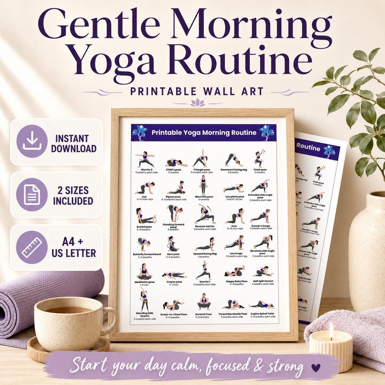 Main Etsy listing thumbnail titled "Gentle Morning Yoga Routine Printable Wall Art" in purple text. A framed poster is displayed on a table next to a yoga mat, coffee mug, and candle with icons for instant PDF download.