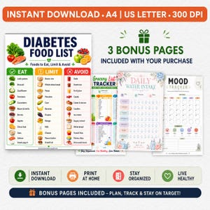 Diabetes Food List printable with Eat Limit Avoid columns showing foods for blood sugar control, plus 3 bonus pages: grocery list, water intake and mood tracker. Instant download A4 and US Letter, 300 DPI.