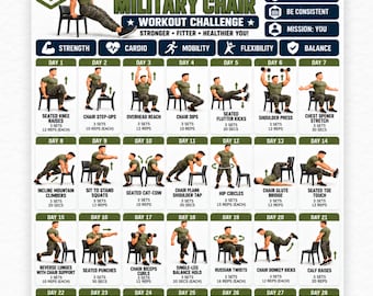 28 Day Military Chair Workout Challenge for Men PDF, Printable Military Calisthenics Home Workout Plan, No Gym Fitness Chart for Beginners