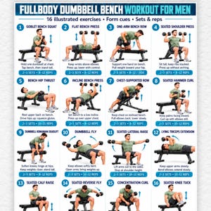 May include: A workout poster titled FULLBODY DUMBBELL BENCH WORKOUT FOR MEN featuring 16 numbered illustrations of exercises using a bench and dumbbells. Each section includes the exercise name, form cues, and recommended sets and reps.