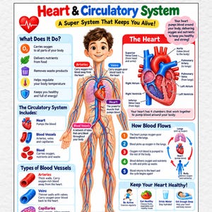Può includere: Un poster educativo intitolato Heart & Circulatory System che presenta un'illustrazione centrale di un corpo umano con arterie rosse e vene blu visibili. Il grafico include diagrammi del cuore e consigli per uno stile di vita sano.