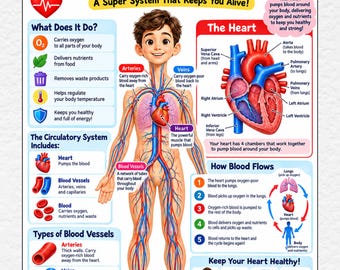 Heart for Kids Poster, Circulatory System Anatomy, Blood Flow Diagram, Educational Wall Art, Homeschool Classroom Science Printable PDF
