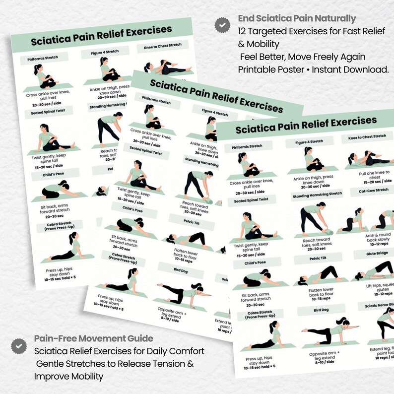 Sciatica Pain Relief Exercises Printable | Lower Back & Hip Stretch ...