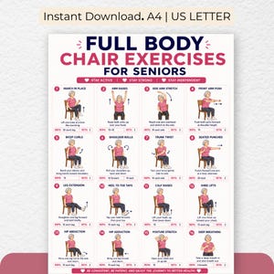 Complete 16 move seated workout chart showing chair exercises for elderly women from arm raises to deep breathing