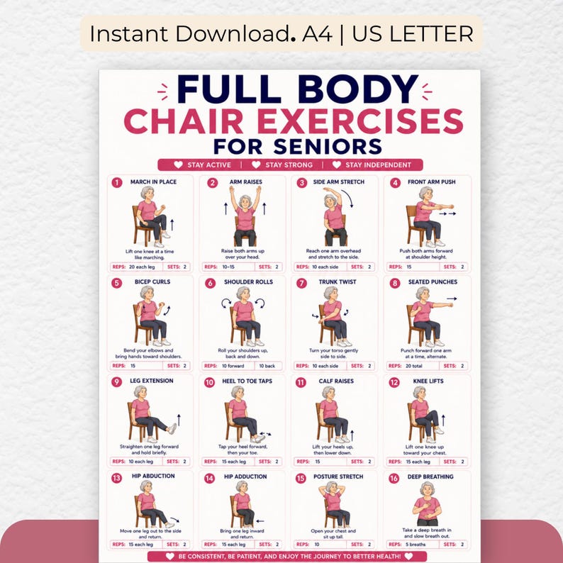 Complete 16 move seated workout chart showing chair exercises for elderly women from arm raises to deep breathing