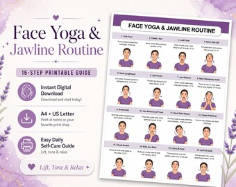Pôster com Rotina de Ioga Facial, Exercícios Antienvelhecimento para o Rosto e Queixo Duplo, Tonificação Facial para Iniciantes, Arte de Parede Fitness - Download Instantâneo em PDF