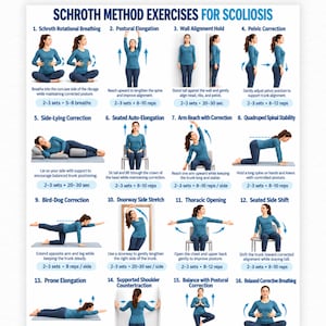 May include: A digital instructional chart titled Schroth Method Exercises for Scoliosis, featuring 16 numbered illustrations of a person in a blue long-sleeve shirt and dark pants performing various physical therapy movements with text instructions.