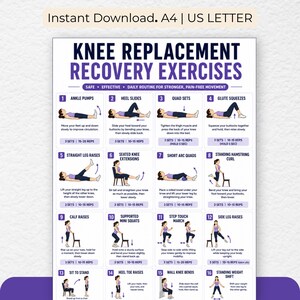 May include: A digital poster titled Knee Replacement Recovery Exercises featuring sixteen numbered illustrations of physical therapy movements. Each section includes a purple header, a descriptive title, a step-by-step instruction, and repetition counts.