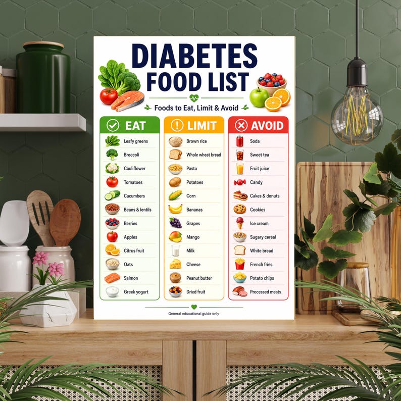 Diabetes Food List framed in a kitchen, Eat Limit Avoid diabetic food chart wall art encouraging blood sugar friendly low glycemic eating every day.