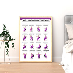 Tai Chi Chair Workout for Seniors Framed Wall Poster – 16 Illustrated Exercises for Elderly, Home Gym Decor Printable, Digital Download