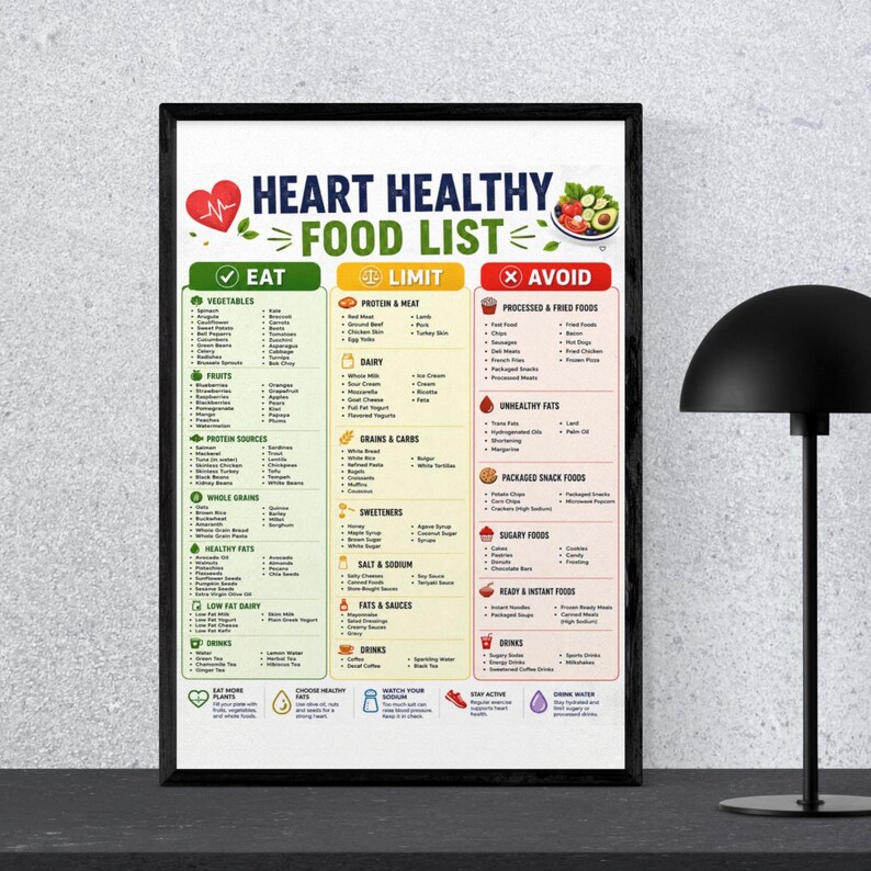 Heart healthy food list poster in black frame on a modern desk with lamp, printable nutrition chart for kitchen or wellness decor.