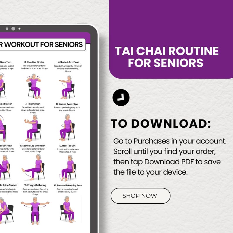 Tai Chi Chair Workout for Seniors Digital Download on Tablet – Seated Exercise Guide PDF, 16 Gentle Movements for Elderly, Instant Download Printable