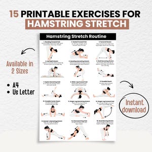 Può includere: Un grafico stampabile di esercizi per lo stretching dei muscoli posteriori della coscia. Il grafico include 15 esercizi con illustrazioni e istruzioni. Disponibile nei formati A4 e US Letter. Contiene il testo "15 Printable Exercises for Hamstring Stretch" e "Instant download".