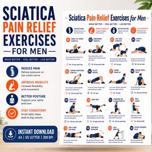 May include: A white informational poster titled Sciatica Pain Relief Exercises for Men, featuring sixteen numbered illustrations of physical stretches and exercises with descriptive text, icons, and instructions for each movement to improve mobility.