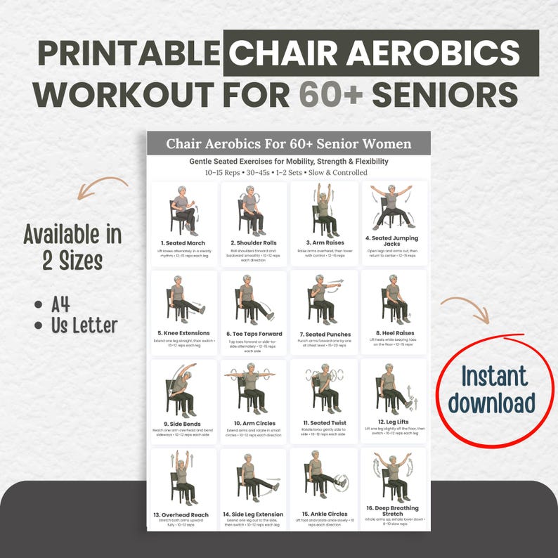 Printable Chair Aerobics Workout for 60+ Seniors — Available in A4 and US Letter Size — Instant Download Seated Exercise Poster — 16 Gentle Low Impact Exercises for Senior Women Mobility Strength Flexibility