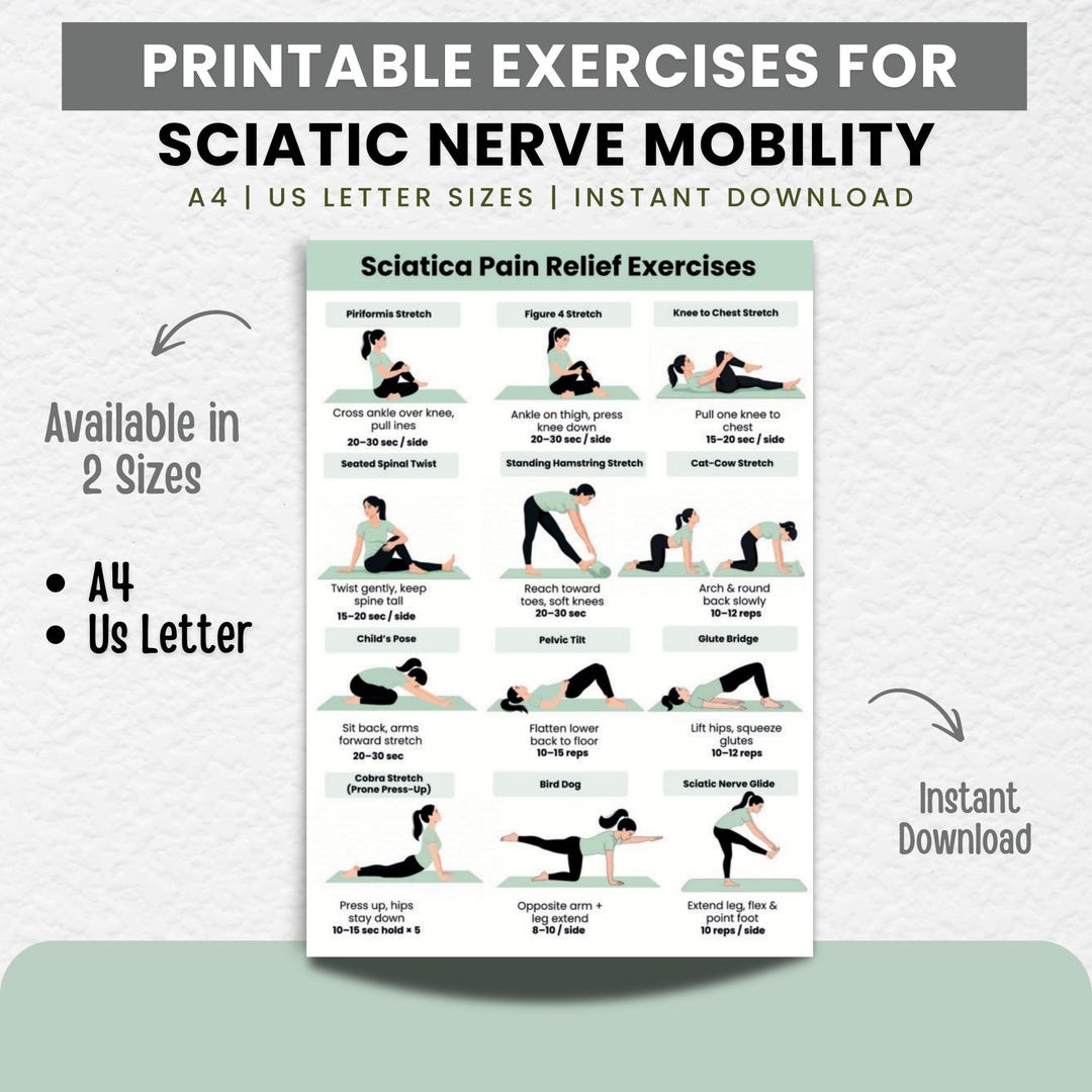 Sciatica Pain Relief Exercises Printable | Lower Back & Hip Stretch ...