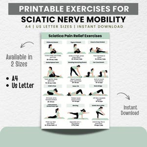 Op de afbeelding: Afdrukbare oefeningen voor mobiliteit van de ischiaszenuw, verkrijgbaar in A4- en US Letter-formaten. De afbeelding toont verschillende oefeningen voor pijnverlichting bij ischias, inclusief rekoefeningen en houdingen, met instructies en duur.