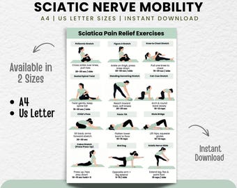 Sciatica Pain Relief Exercises Printable Poster | Lower Back & Hip Stretch Routine Chart | Nerve Mobility Guide PDF | Digital download