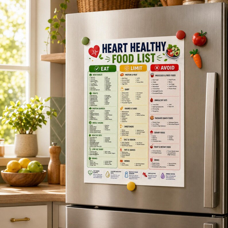 Heart healthy food list printable attached to stainless steel refrigerator with colorful magnets in a bright cozy kitchen mockup.
