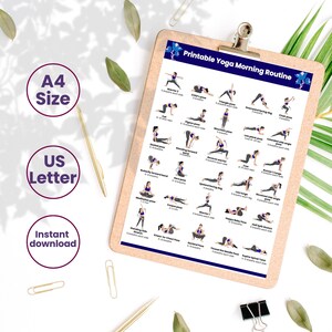 The printable yoga chart clipped onto a wooden clipboard, surrounded by gold pens, paperclips, and green leaves. Side icons highlight "A4 Size", "US Letter", and "Instant download".