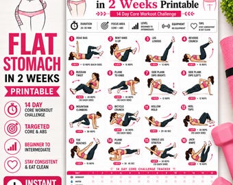 Barriga chapada em 14 dias (PDF para imprimir) | Desafio de 2 semanas de exercícios abdominais | Tabela de exercícios para o core para mulheres | Treino abdominal em casa (PDF) | Download instantâneo